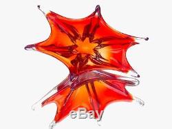 Vintage Murano Deep Red Orange Electric Blue 6 Wing Art Glass Lobed Dish