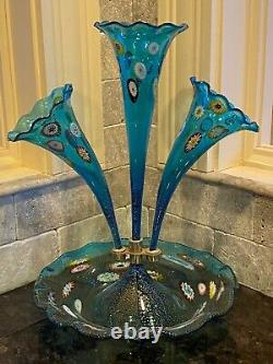 Vintage Murano Epergne Glass 3 Horn Multi Colored Hand Blown Millefiori Italy