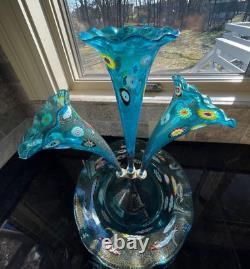 Vintage Murano Epergne Glass 3 Horn Multi Colored Hand Blown Millefiori Italy