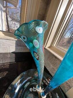 Vintage Murano Epergne Glass 3 Horn Multi Colored Hand Blown Millefiori Italy