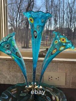 Vintage Murano Epergne Glass 3 Horn Multi Colored Hand Blown Millefiori Italy