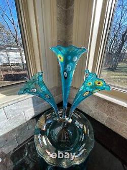 Vintage Murano Epergne Glass 3 Horn Multi Colored Hand Blown Millefiori Italy