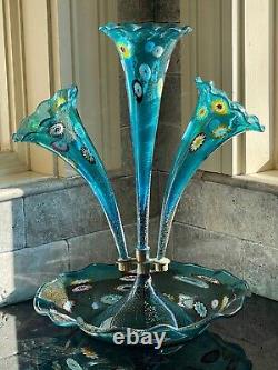 Vintage Murano Epergne Glass 3 Horn Multi Colored Hand Blown Millefiori Italy
