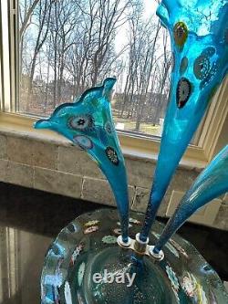 Vintage Murano Epergne Glass 3 Horn Multi Colored Hand Blown Millefiori Italy
