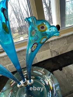 Vintage Murano Epergne Glass 3 Horn Multi Colored Hand Blown Millefiori Italy