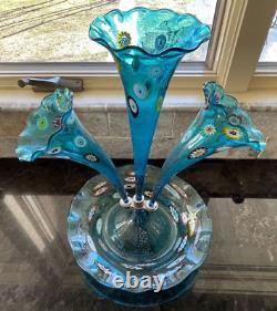 Vintage Murano Epergne Glass 3 Horn Multi Colored Hand Blown Millefiori Italy