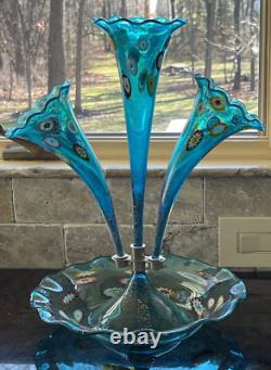 Vintage Murano Epergne Glass 3 Horn Multi Colored Hand Blown Millefiori Italy