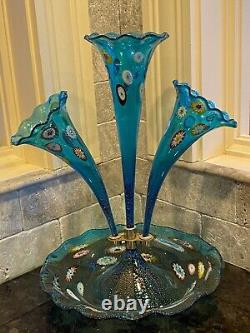 Vintage Murano Epergne Glass 3 Horn Multi Colored Hand Blown Millefiori Italy