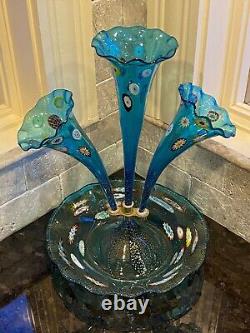 Vintage Murano Epergne Glass 3 Horn Multi Colored Hand Blown Millefiori Italy