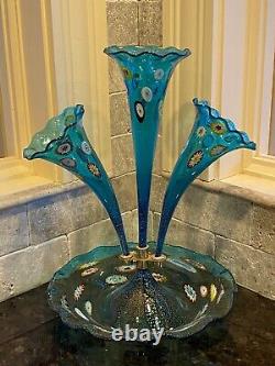 Vintage Murano Epergne Glass 3 Horn Multi Colored Hand Blown Millefiori Italy