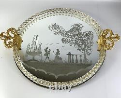 Vintage Murano Etched Glass Mirror Vanity Tray Twisted Gold Flecked Rim
