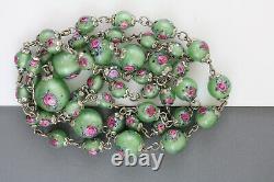 Vintage Murano Flower Art Glass Bead Necklace Wired Capped Green Swirl 26