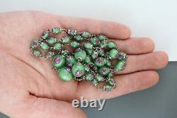 Vintage Murano Flower Art Glass Bead Necklace Wired Capped Green Swirl 26