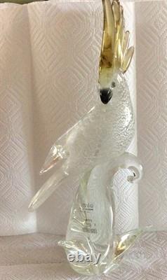 Vintage Murano Formia Glass Cockatoo Bird Sculpture White Gold 12 x 9.5