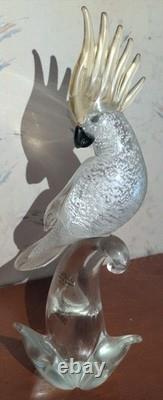 Vintage Murano Formia Glass Cockatoo Bird Sculpture White Gold 12 x 9.5