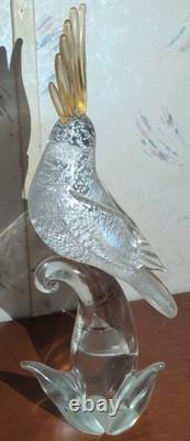 Vintage Murano Formia Glass Cockatoo Bird Sculpture White Gold 12 x 9.5