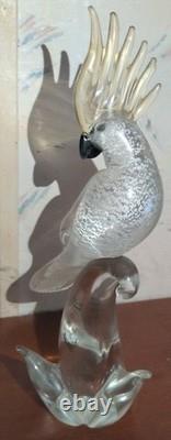 Vintage Murano Formia Glass Cockatoo Bird Sculpture White Gold 12 x 9.5