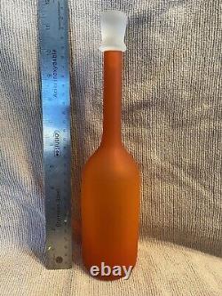 Vintage Murano Frosted Orange Glass Decanter Bottle Italy with White Stopper