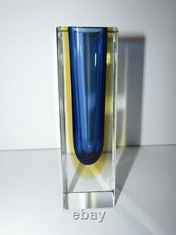 Vintage Murano Geometric Faceted Sommerso Blue and Yellow Art Glass Vase 489