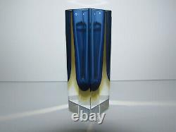 Vintage Murano Geometric Faceted Sommerso Blue and Yellow Art Glass Vase 489