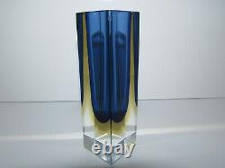 Vintage Murano Geometric Faceted Sommerso Blue and Yellow Art Glass Vase 489