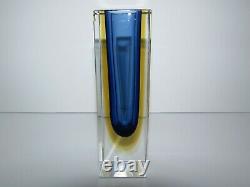Vintage Murano Geometric Faceted Sommerso Blue and Yellow Art Glass Vase 489