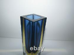 Vintage Murano Geometric Faceted Sommerso Blue and Yellow Art Glass Vase 489
