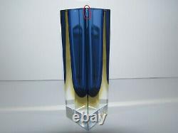 Vintage Murano Geometric Faceted Sommerso Blue and Yellow Art Glass Vase 489