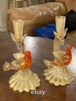 Vintage Murano Glass 24k Gold infused Amber Love Birds Candlesticks