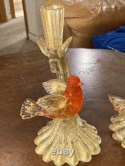 Vintage Murano Glass 24k Gold infused Amber Love Birds Candlesticks