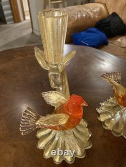 Vintage Murano Glass 24k Gold infused Amber Love Birds Candlesticks