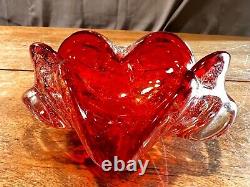 Vintage Murano Glass Ashtray MCM Antique Red/Orange Silver Flake Heart Bubbles