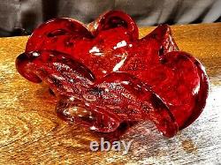 Vintage Murano Glass Ashtray MCM Antique Red/Orange Silver Flake Heart Bubbles