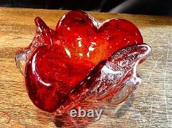 Vintage Murano Glass Ashtray MCM Antique Red/Orange Silver Flake Heart Bubbles