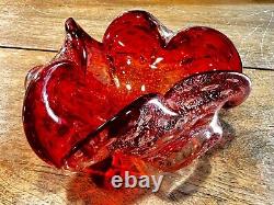 Vintage Murano Glass Ashtray MCM Antique Red/Orange Silver Flake Heart Bubbles