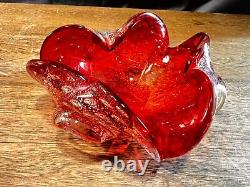 Vintage Murano Glass Ashtray MCM Antique Red/Orange Silver Flake Heart Bubbles