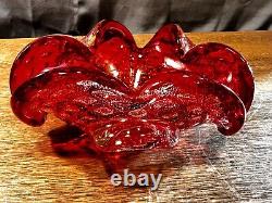 Vintage Murano Glass Ashtray MCM Antique Red/Orange Silver Flake Heart Bubbles