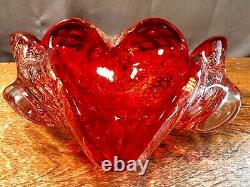 Vintage Murano Glass Ashtray MCM Antique Red/Orange Silver Flake Heart Bubbles