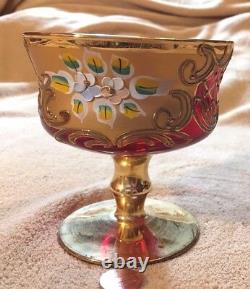 Vintage Murano Glass Barbini 1950s Italy 24K Gold Compote Christmas Red Goblet
