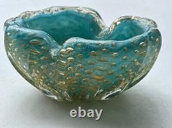 Vintage Murano Glass Barovier and Toso Baby Blue Heavy Bowl with Gold Bubbles MCM