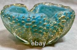 Vintage Murano Glass Barovier and Toso Baby Blue Heavy Bowl with Gold Bubbles MCM