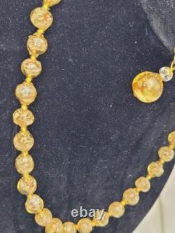 Vintage Murano Glass Bead Necklace Gold Foil knotted Earrings READ
