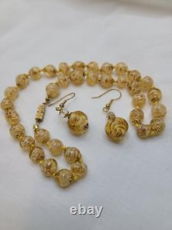 Vintage Murano Glass Bead Necklace Gold Foil knotted Earrings READ Vintage Murano Glass Bead Necklace Gold Foil knotted Earrings READ