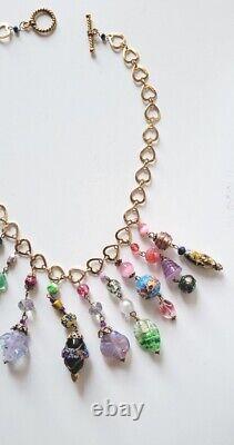 Vintage Murano Glass Beads Necklace Multiple Charms & Heart Shape Chain Links