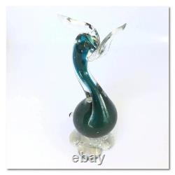 Vintage Murano Glass Bird Figurine Teal Clear Bullicante 1970s Italy