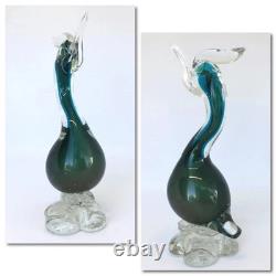 Vintage Murano Glass Bird Figurine Teal Clear Bullicante 1970s Italy