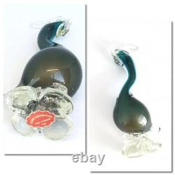 Vintage Murano Glass Bird Figurine Teal Clear Bullicante 1970s Italy