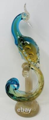 Vintage Murano  Glass Bird of Paradise/Peacock Blue, Yellow with Gold Flecks