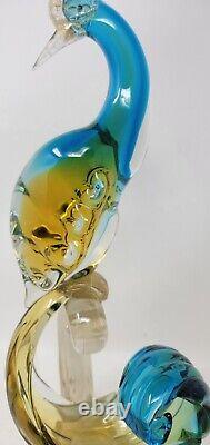 Vintage Murano  Glass Bird of Paradise/Peacock Blue, Yellow with Gold Flecks