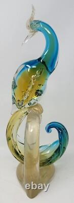 Vintage Murano  Glass Bird of Paradise/Peacock Blue, Yellow with Gold Flecks